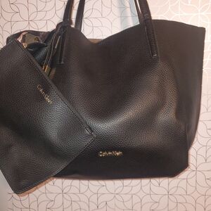 Calvin Klein Black Pebbled Leather Tote with Matching Wristlet